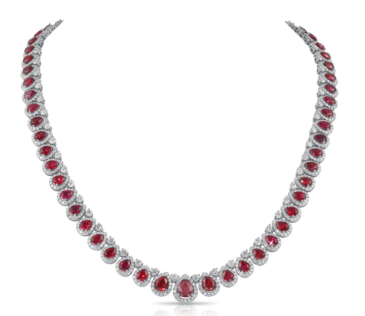 Ruby Halo Pear Shape Necklace (42.27 Ct. Tw.) for Sale