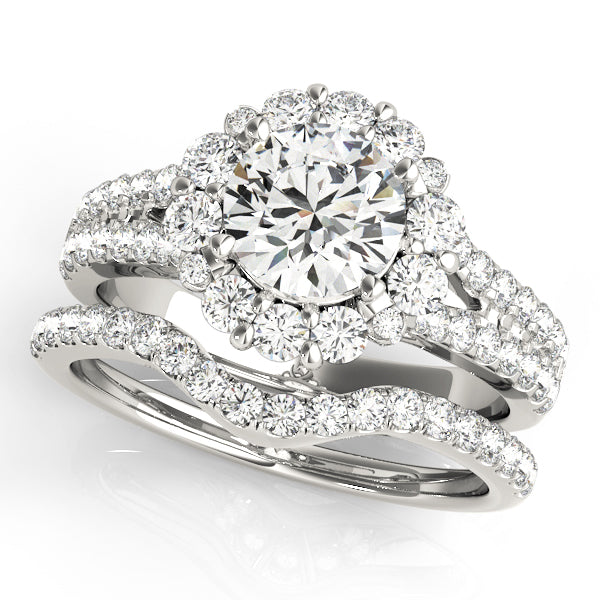 Float Flower Halo with Pavé Split Shank Round Engagement Ring - Elgrissy Diamonds