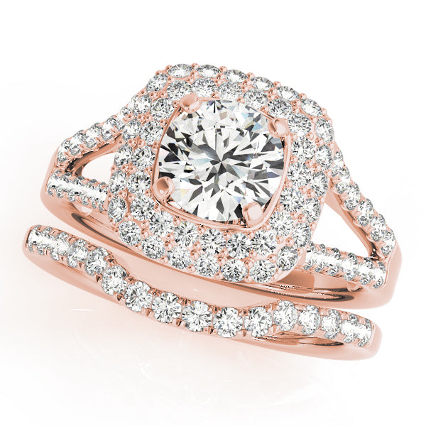 Double Halo Pavé Split Shank Lotus Round Engagement Ring - Elgrissy Diamonds