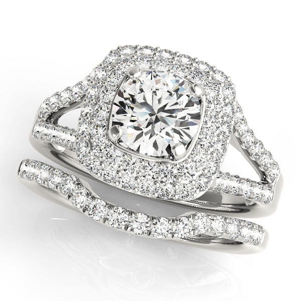 Double Halo Pavé Split Shank Lotus Round Engagement Ring - Elgrissy Diamonds