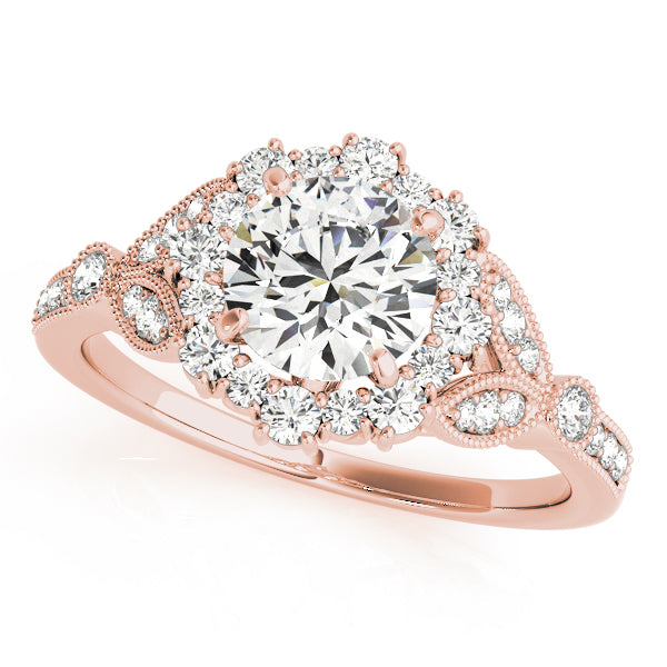 Vintage Halo Floral Cathedral Round Engagement Ring - Elgrissy Diamonds