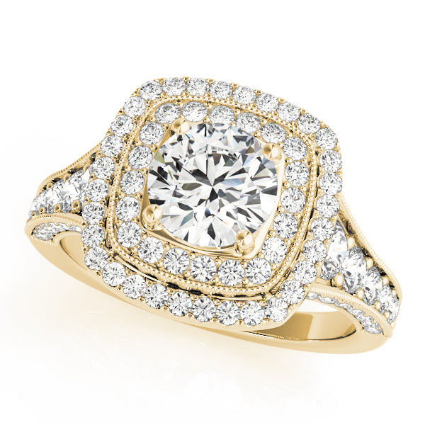 Double Square Halo with Three Rows Pavé Cathedral Peekaboo Engagement Ring - Elgrissy Diamonds