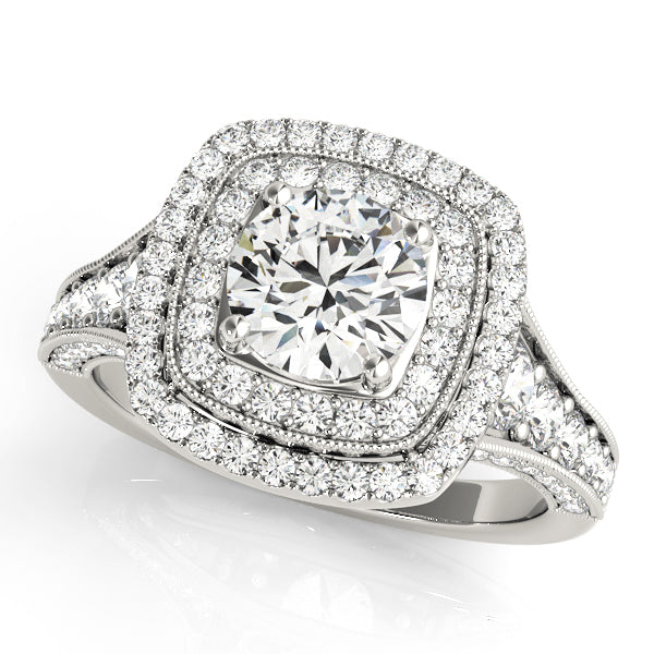 Double Square Halo with Three Rows Pavé Cathedral Peekaboo Engagement Ring - Elgrissy Diamonds