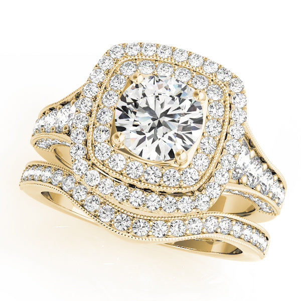 Double Square Halo with Three Rows Pavé Cathedral Peekaboo Engagement Ring - Elgrissy Diamonds