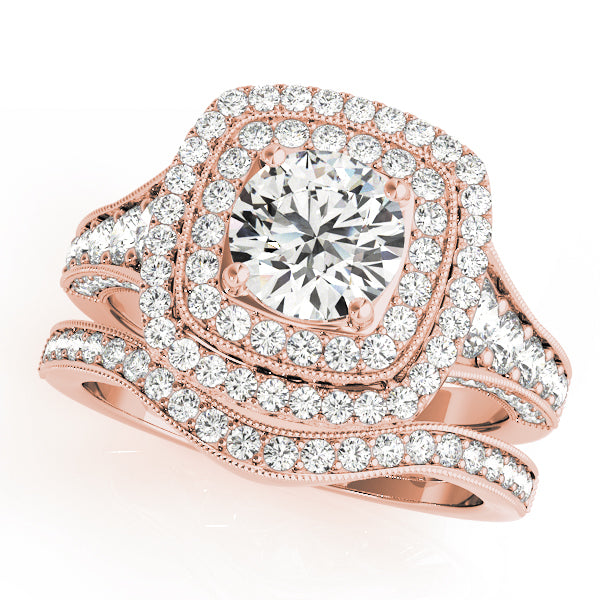 Double Square Halo with Three Rows Pavé Cathedral Peekaboo Engagement Ring - Elgrissy Diamonds