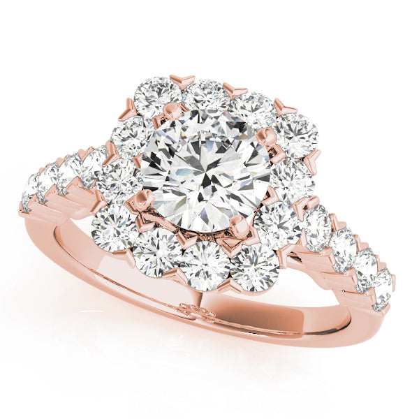 Square Halo Single Prongs Artsy Cathedral Round Engagement Ring - Elgrissy Diamonds