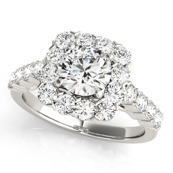 Square Halo Single Prongs Artsy Cathedral Round Engagement Ring - Elgrissy Diamonds