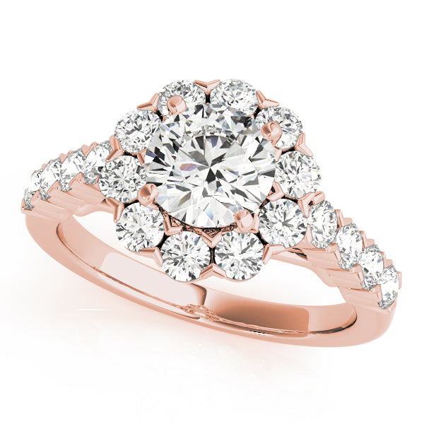 Floral Halo Single Prongs Artsy Cathedral Round Engagement Ring - Elgrissy Diamonds