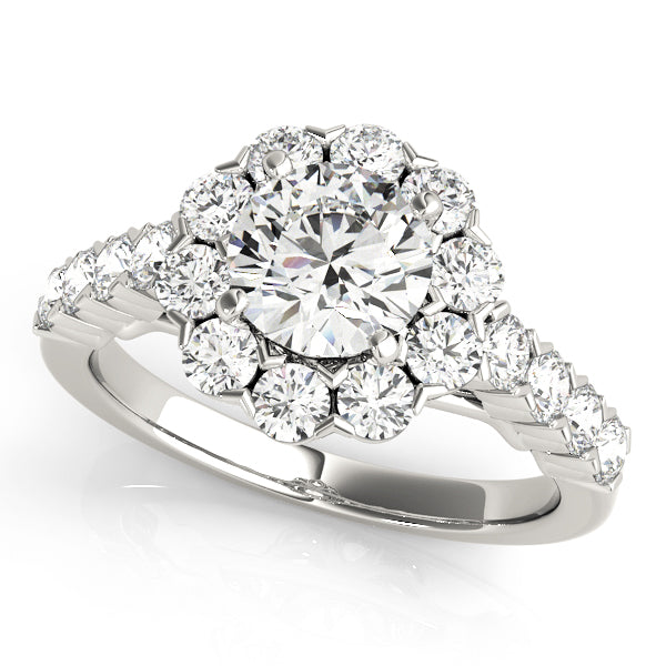 Floral Halo Single Prongs Artsy Cathedral Round Engagement Ring - Elgrissy Diamonds