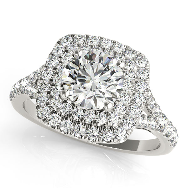 Vintage Square Double Halo Artsy Cathedral Pavé Round Engagement Ring - Elgrissy Diamonds