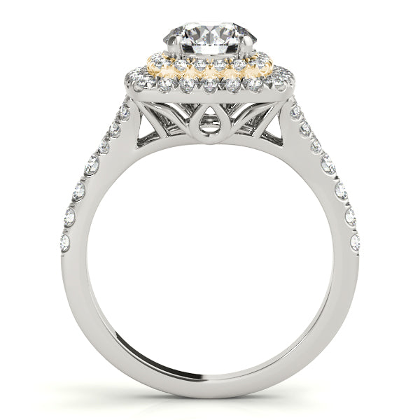 Vintage Square Double Halo Artsy Cathedral Pavé Round Engagement Ring - Elgrissy Diamonds