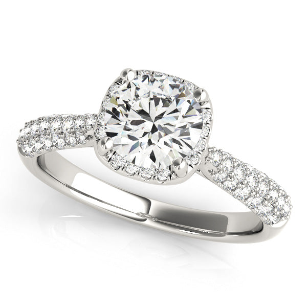 Four Prongs Single Halo Three Rows Pavé Round Engagement Ring - Elgrissy Diamonds