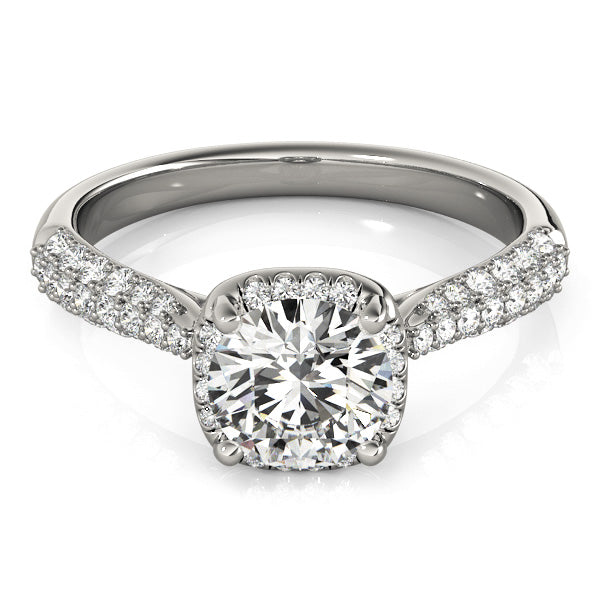 Four Prongs Single Halo Three Rows Pavé Round Engagement Ring - Elgrissy Diamonds