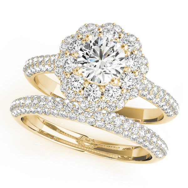 Double Floral Three Rows Pavé Round Engagement Ring - Elgrissy Diamonds