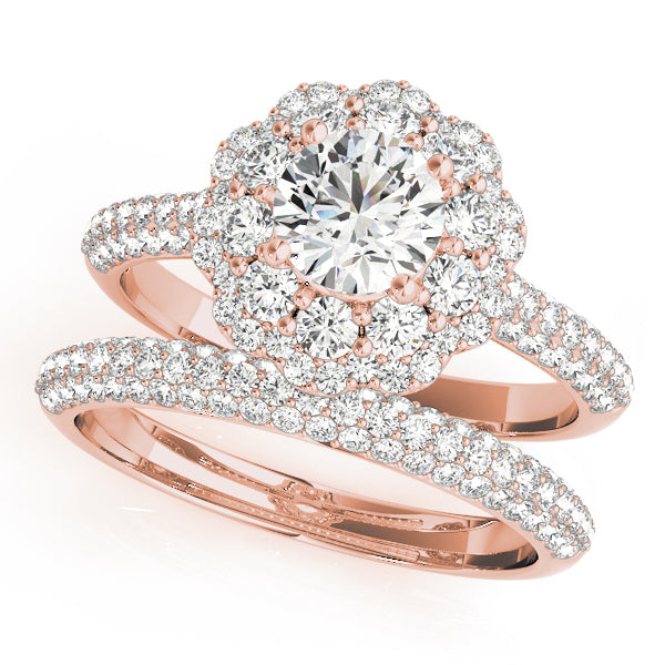 Double Floral Three Rows Pavé Round Engagement Ring - Elgrissy Diamonds