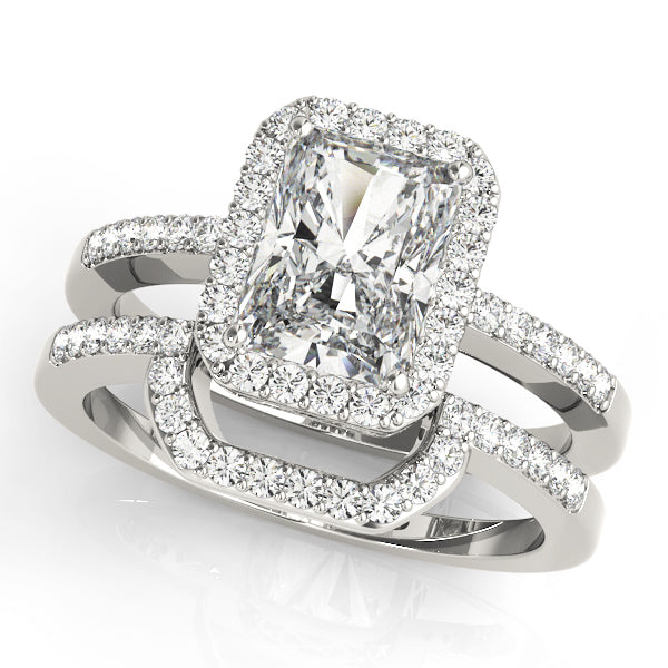 Halo Pavé Knife Edge Filigree Emerald Cut Engagement Ring - Elgrissy Diamonds