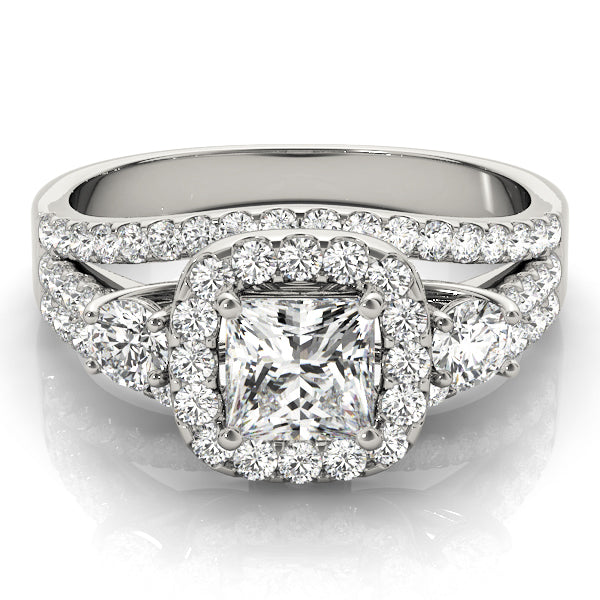 Three Stones Trellis Multi Rows Split Shank Princess Cut Engagement Ring - Elgrissy Diamonds
