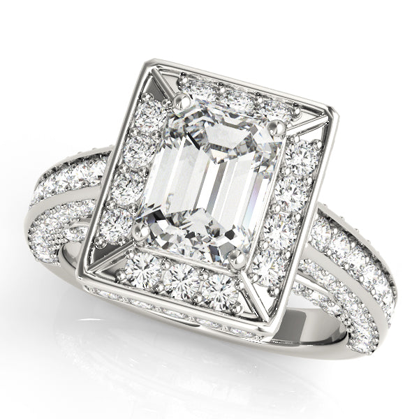 Halo Pavé Bridge Accent Emerald Cut Engagement Ring - Elgrissy Diamonds