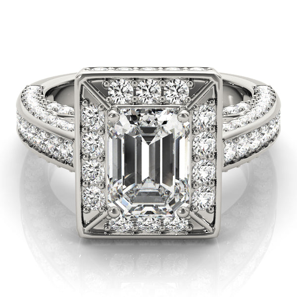 Halo Pavé Bridge Accent Emerald Cut Engagement Ring - Elgrissy Diamonds
