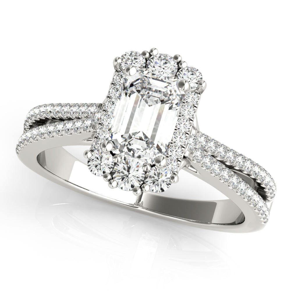 Royal Halo Pavé Split Shank Emerald Cut Engagement Ring - Elgrissy Diamonds