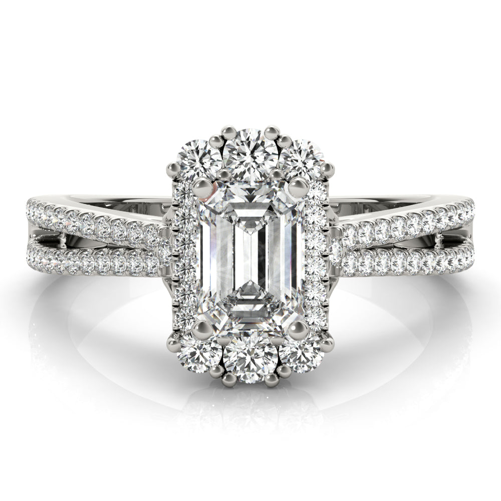 Royal Halo Pavé Split Shank Emerald Cut Engagement Ring - Elgrissy Diamonds