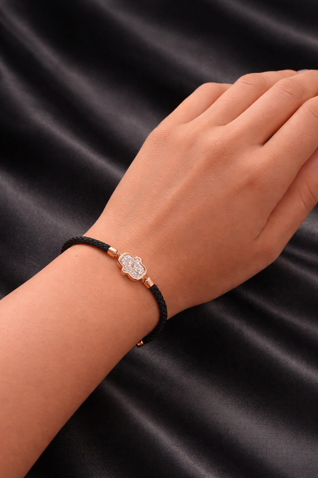 Hamsa Bezel with Black Rope and Rose Gold Bracelet (1.70ctw)