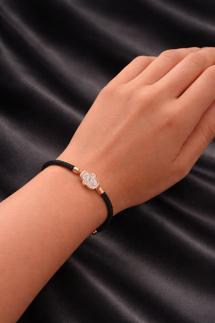 Hamsa Bezel with Black Rope and Rose Gold Bracelet (1.10ctw)