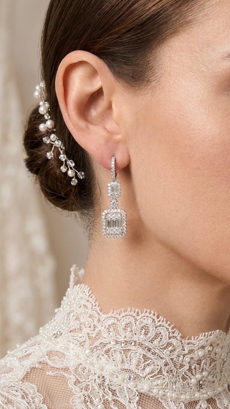 Double Halo Emerald Illusion Diamond Earrings