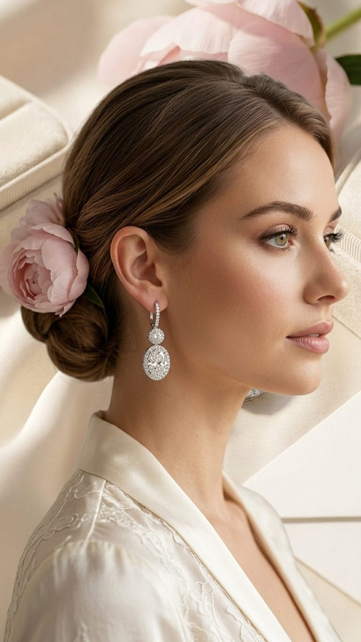 Drop Oval Lab Grown Diamond Earrings in 18k White Gold