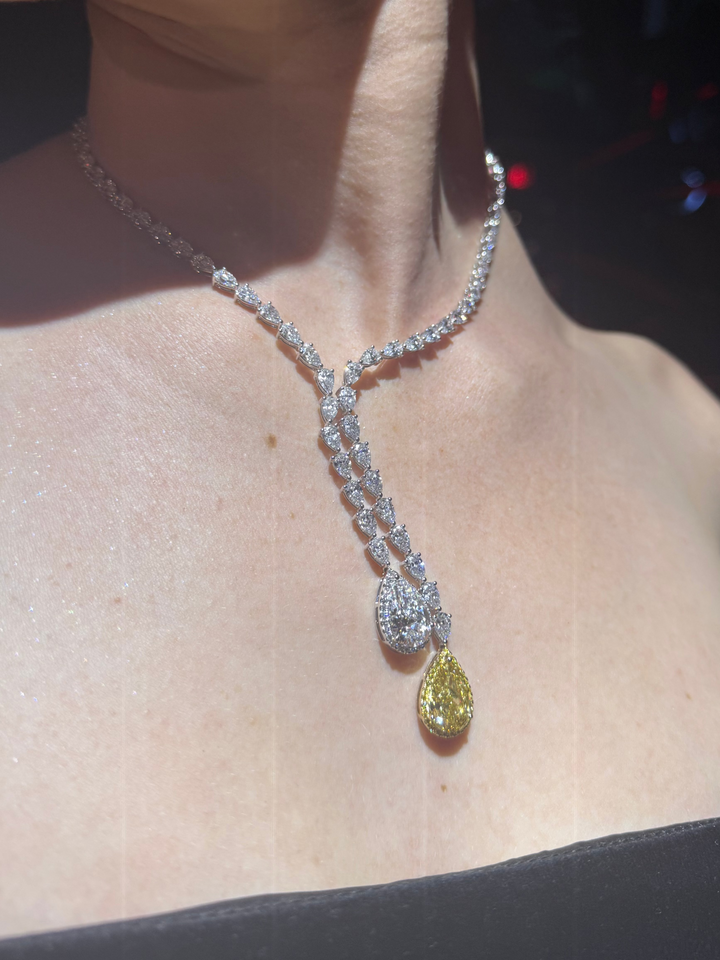 Split Drop Pear Shape Necklace with Fancy Yellow Diamond