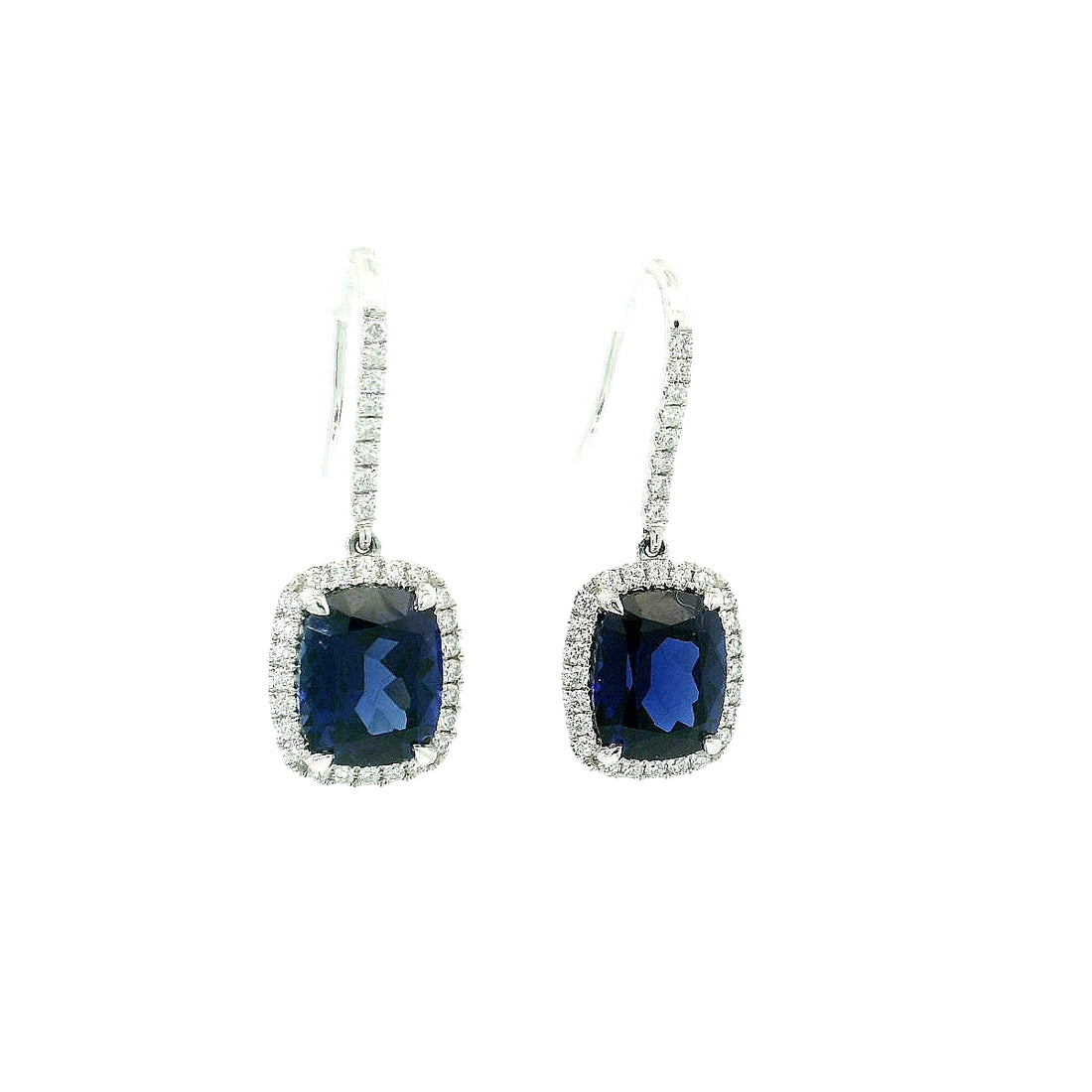Sapphire Halo Cushion Dangle Earrings for Sale