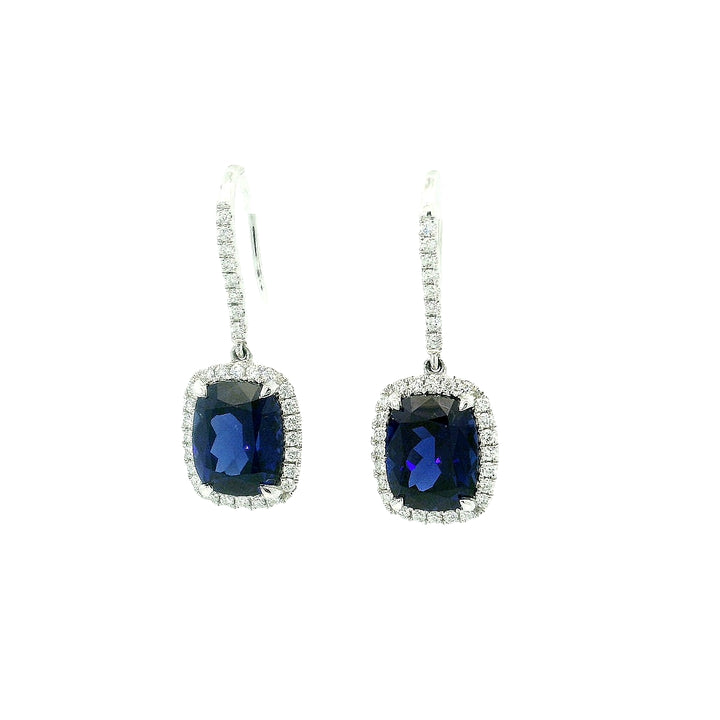 Sapphire Halo Cushion Dangle Earrings for Sale