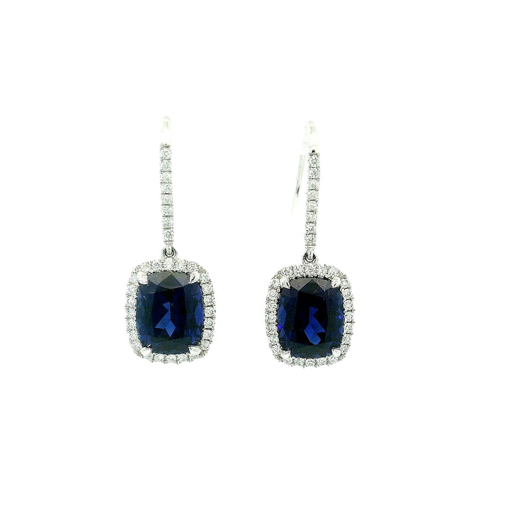 Sapphire Halo Cushion Dangle Earrings for Sale