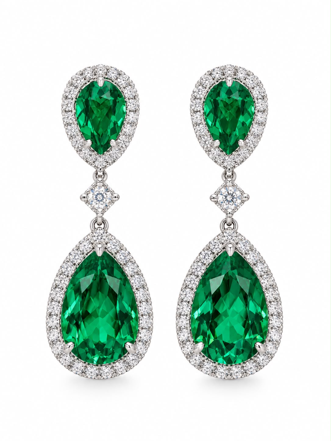 14k White Gold Double Pear Shape Emerald Earrings (1.60ctw)