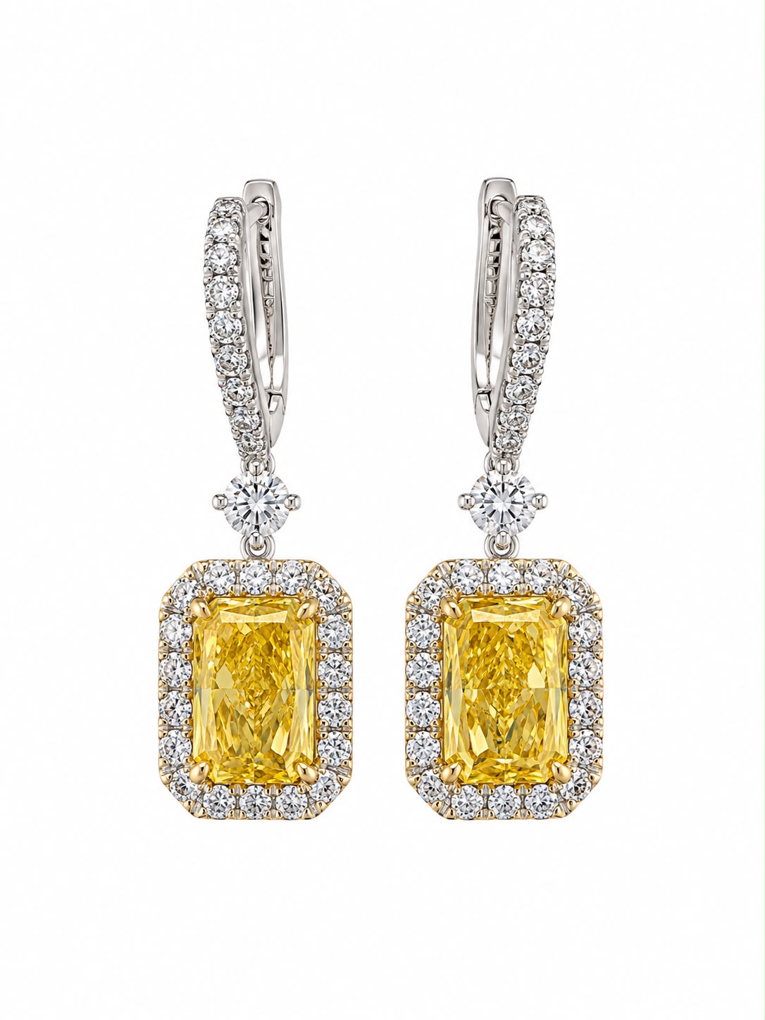 14k WG Fancy Vivid Yellow Drop Radiant Earrings