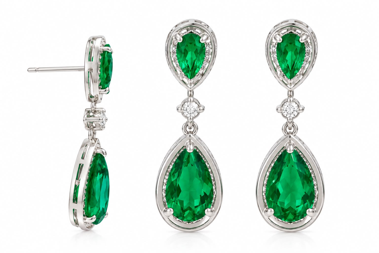 14k White Gold Double Pear Shape Emerald Earrings (1.60ctw)
