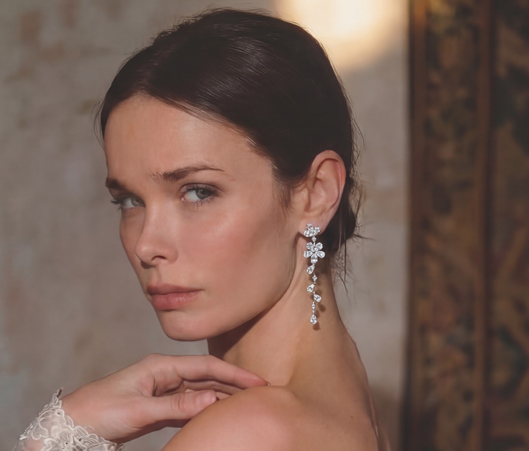 Delicate Flower Drop Diamond Earrings
