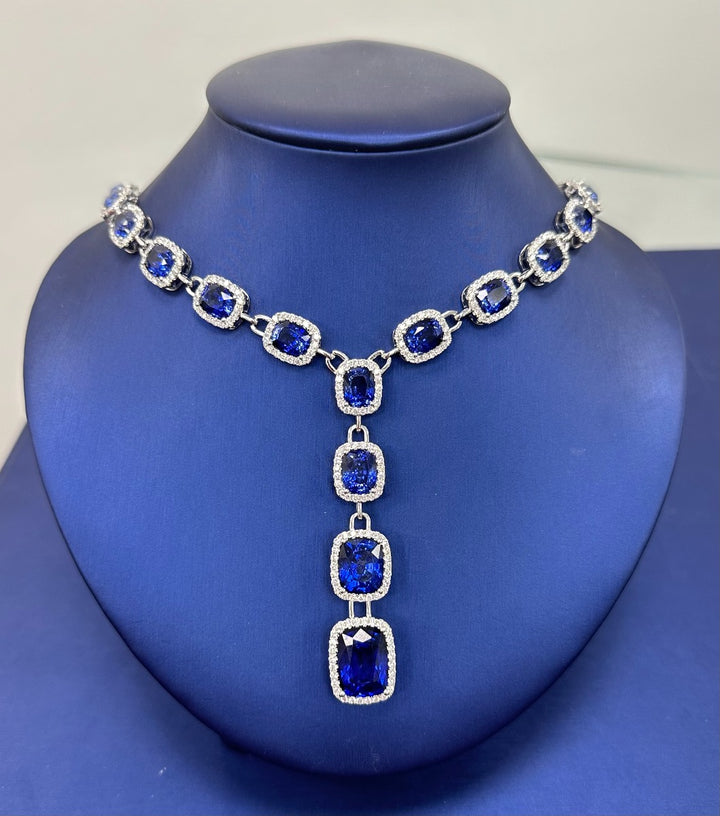 Halo Sapphire Cushion Diamonds Lariat Neckalce - Elgrissy Diamonds