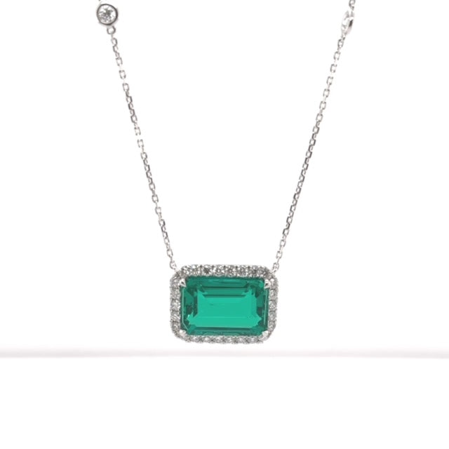 Green Emerald Halo Necklace White Gold - Elgrissy Diamonds