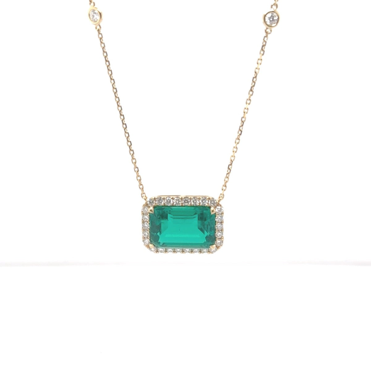 Yellow Gold Green Emerald Halo Necklace - Elgrissy Diamonds