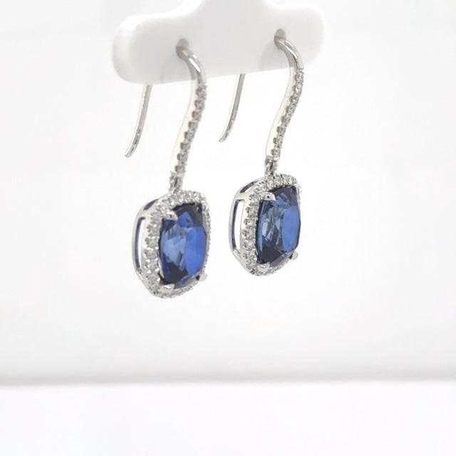 Sapphire Halo Cushion Dangle Earrings - Elgrissy Diamonds