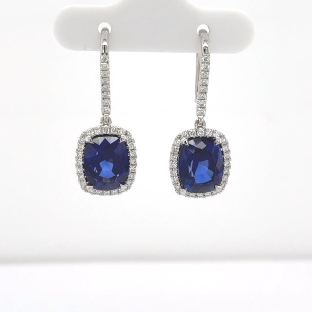 Sapphire Halo Cushion Dangle Earrings - Elgrissy Diamonds