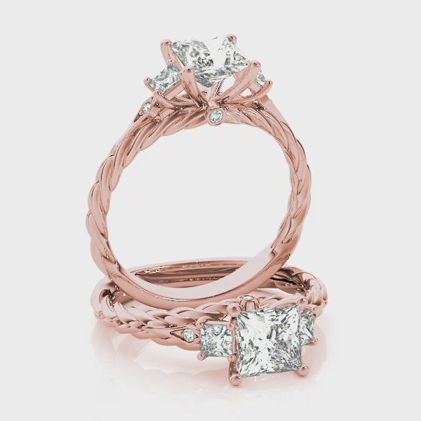 Twisted Rope Three Stones Pekkaboo Princess Cut Engagement Ring