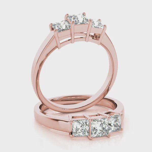 Low Profile Three Stones Trellis Princess Cut Engagement Ring