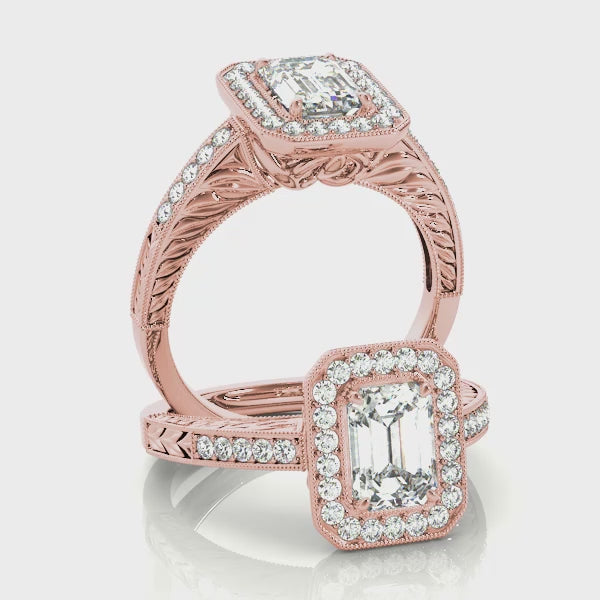 Vintage Halo Solitaire Emerald Cut Engagement RIng