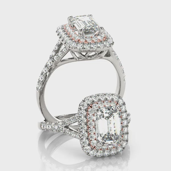 Vintage Double Halo Split Shank Emerald Cut Engagement Ring