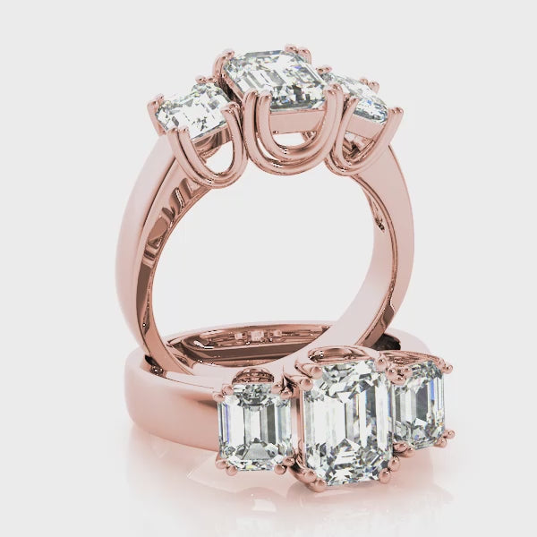 Three stones Double U Prong Emerald Cut Engagement Ring