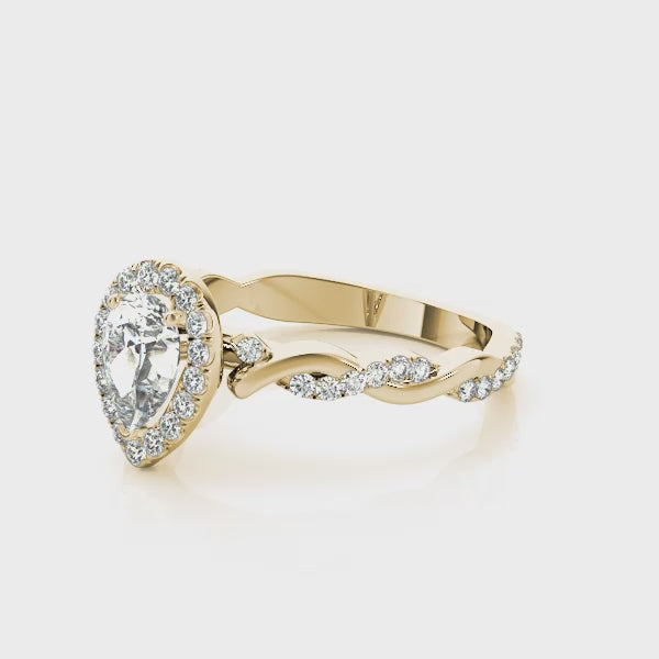 Twisted Pavé Shank Halo Pear Shape Engagement Ring