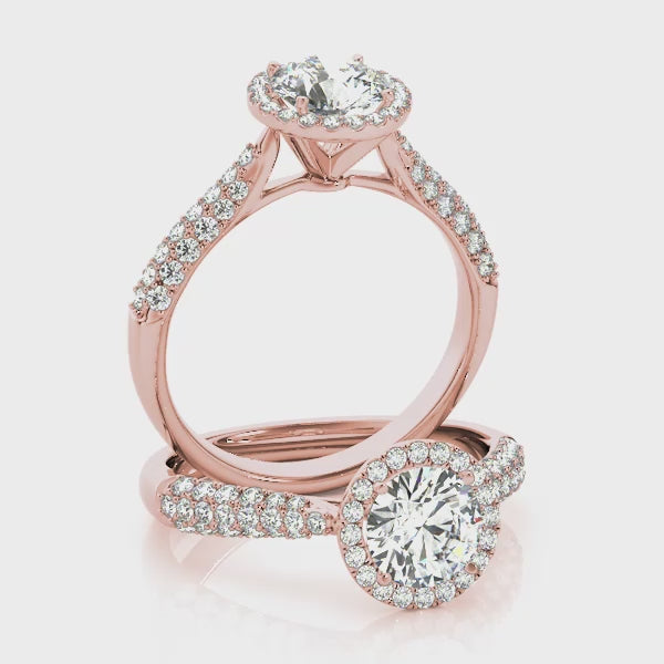 Halo Reverse Tapered Three Rows Pavé Round Engagement Ring