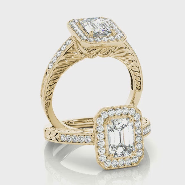 Vintage Halo Solitaire Emerald Cut Engagement RIng